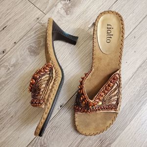 Rialto Brown Tan Orange Beaded Heeled Y2K Sandals